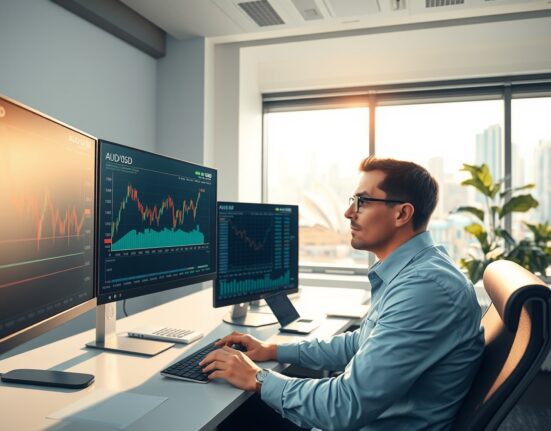 Forex trader analyzing Australian Dollar currency charts after mixed employment data release