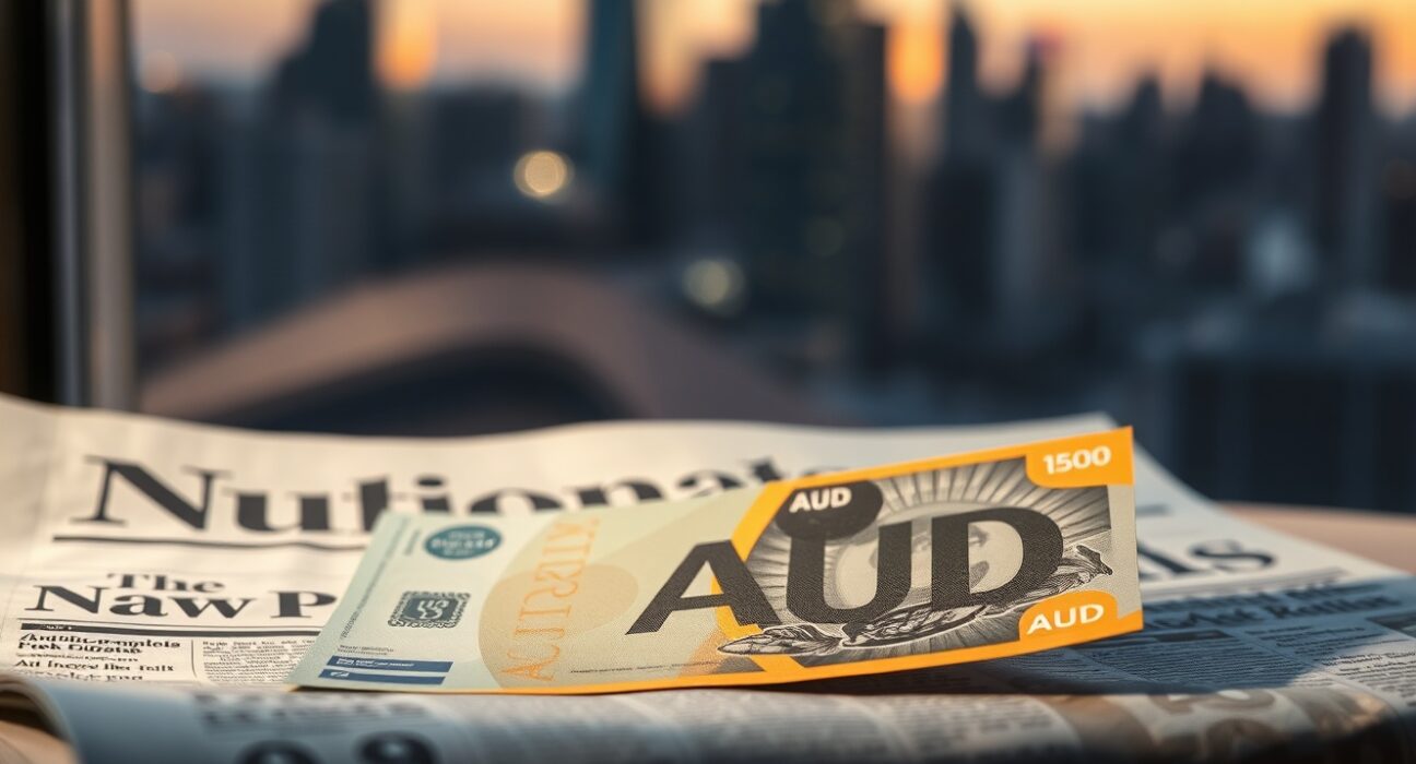 Australian Dollar banknote on financial newspaper with city skyline background