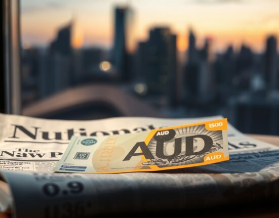 Australian Dollar banknote on financial newspaper with city skyline background