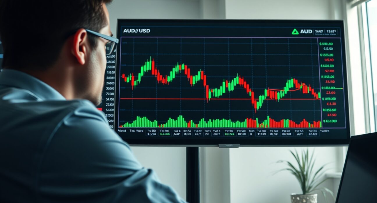 Financial analyst monitoring AUD/USD currency chart on a digital screen in a modern office.