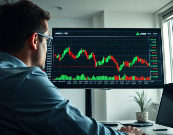 Financial analyst monitoring AUD/USD currency chart on a digital screen in a modern office.