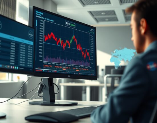 Financial trading terminal displaying Australian Dollar trends and China inflation data analysis.