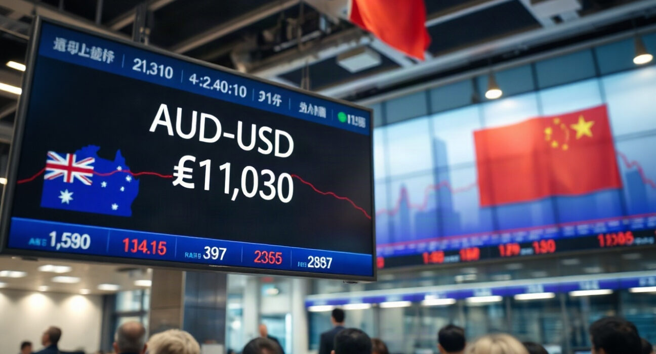 AUD/USD currency chart and Chinese economic data on a trading floor screen