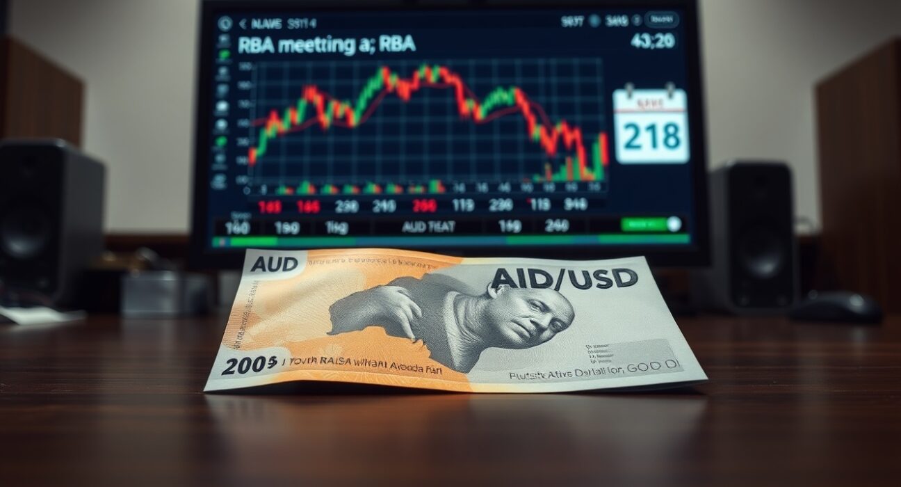 Australian Dollar banknote with AUD/USD chart and RBA meeting calendar in background