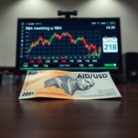 Australian Dollar banknote with AUD/USD chart and RBA meeting calendar in background