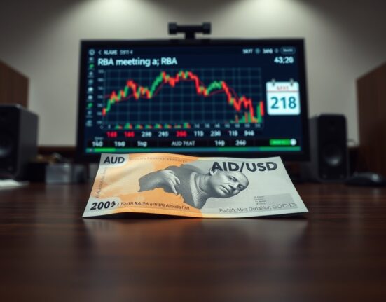 Australian Dollar banknote with AUD/USD chart and RBA meeting calendar in background