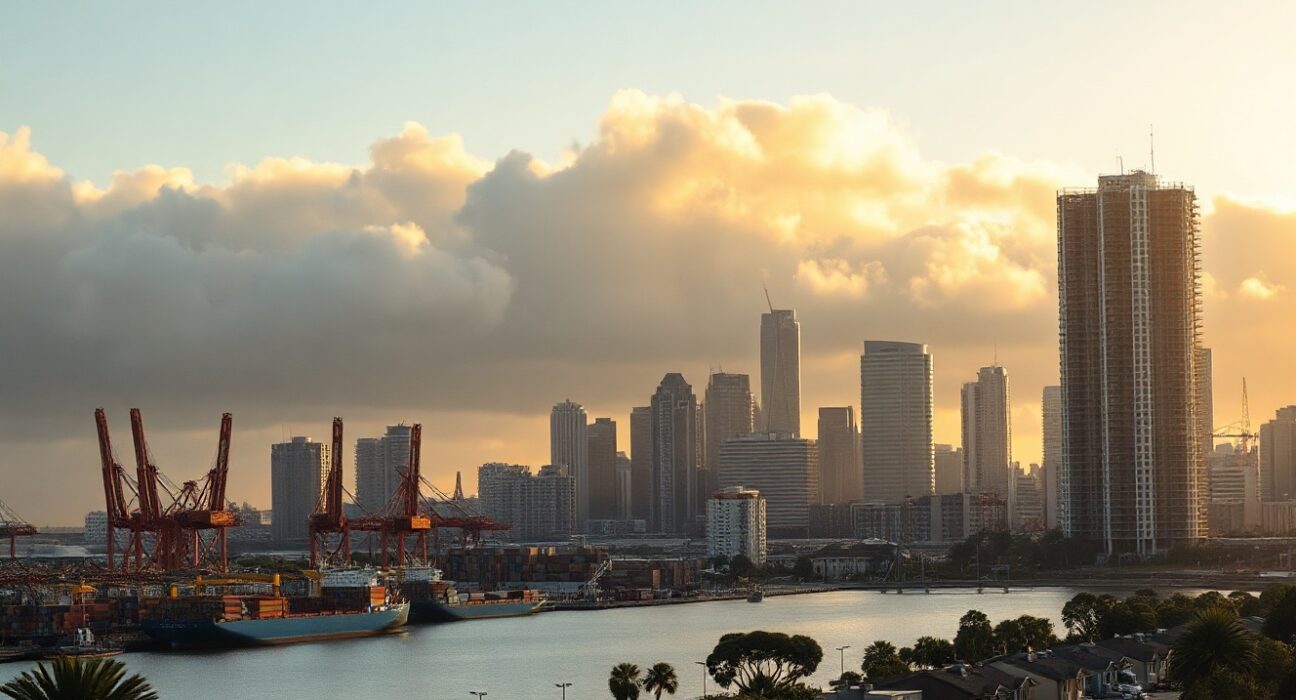 Australian city skyline at dawn with industrial cranes and suburban housing, reflecting economic slowdown