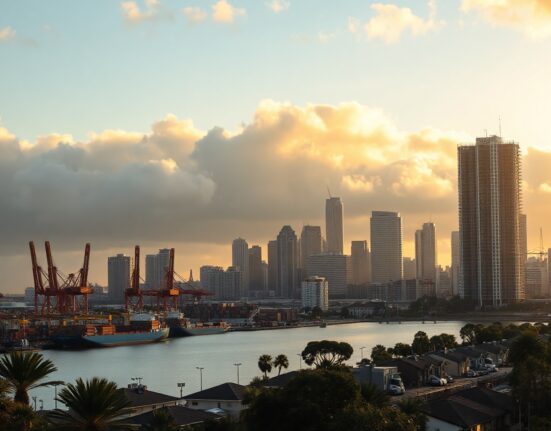 Australian city skyline at dawn with industrial cranes and suburban housing, reflecting economic slowdown