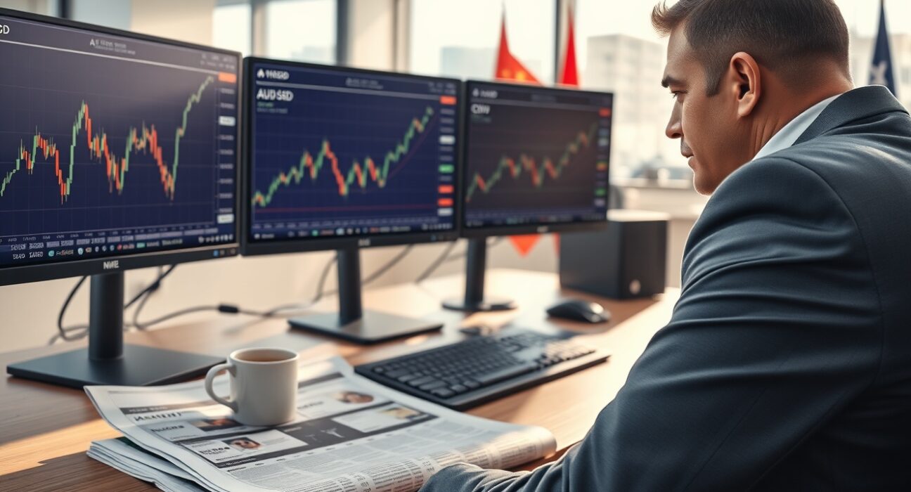 Australian Dollar trading analysis with charts showing performance after Australian and Chinese economic data releases.