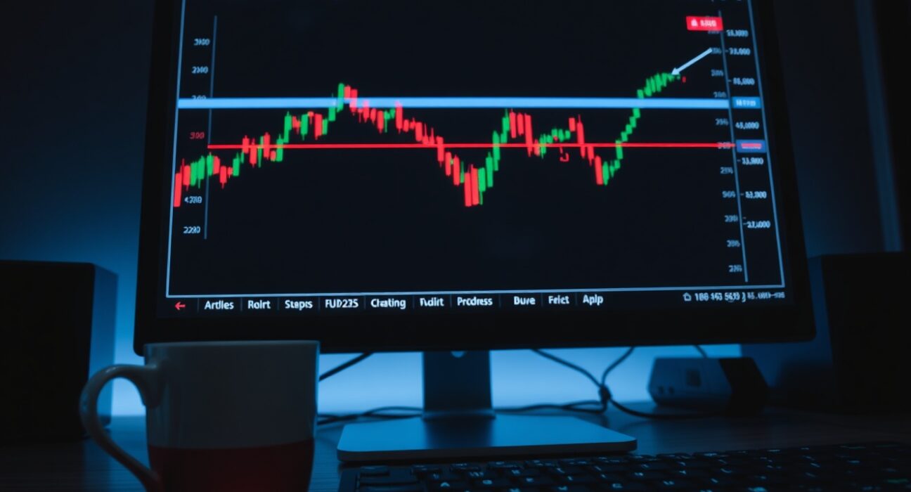 AUD/USD currency chart on a monitor showing sideways trading range.