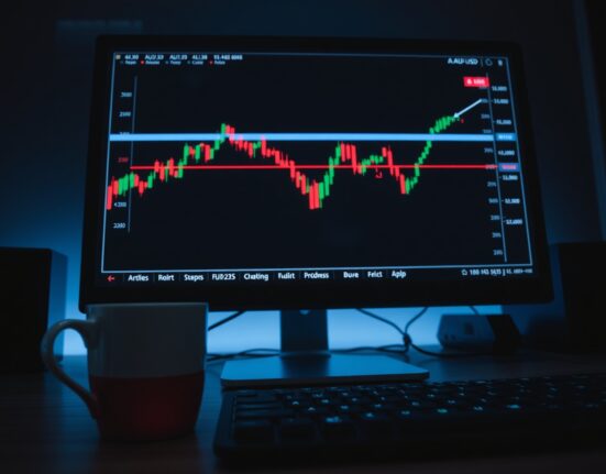 AUD/USD currency chart on a monitor showing sideways trading range.