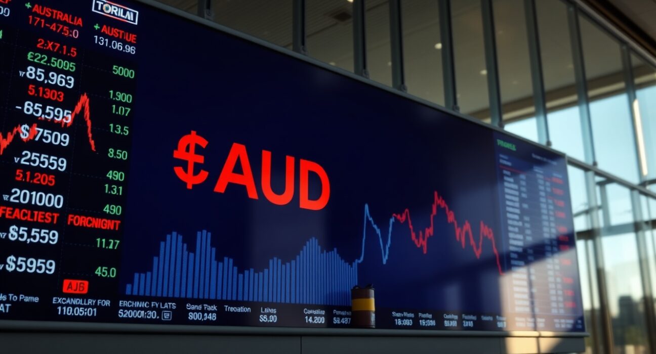 AUD/USD exchange rate board with oil barrels and charts in background