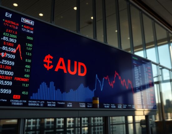 AUD/USD exchange rate board with oil barrels and charts in background