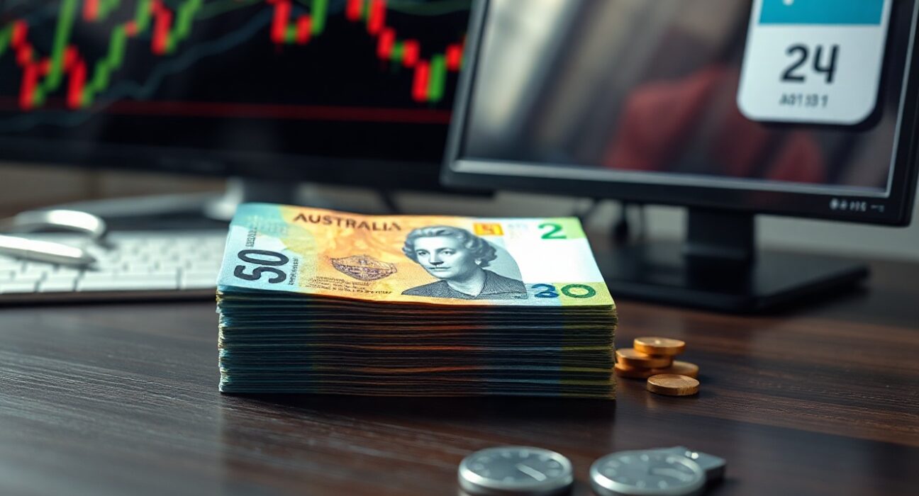 Stack of Australian dollar banknotes on a desk with a blurred forex chart in the background