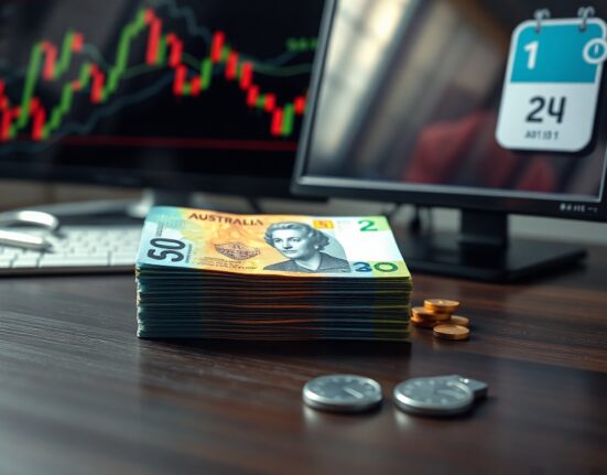 Stack of Australian dollar banknotes on a desk with a blurred forex chart in the background