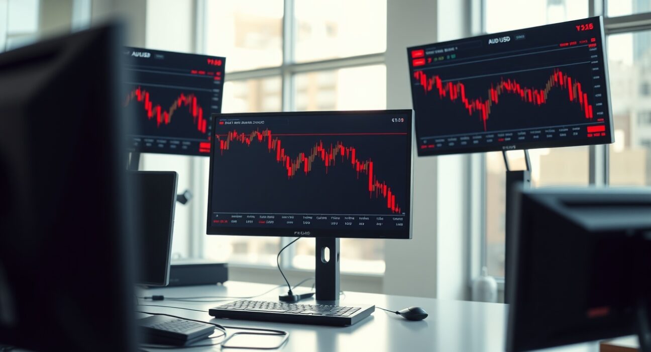 Forex trading monitors showing AUD/USD chart in decline at a professional trading desk