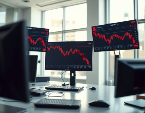Forex trading monitors showing AUD/USD chart in decline at a professional trading desk