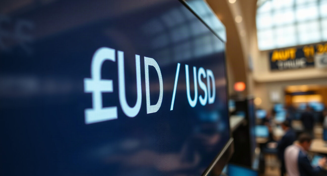 AUD/USD currency pair displayed on a financial screen in a trading environment