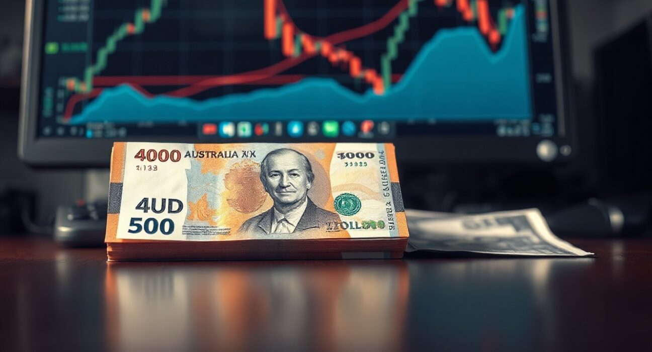 Australian Dollar and US Dollar banknotes on a desk with a forex chart in the background