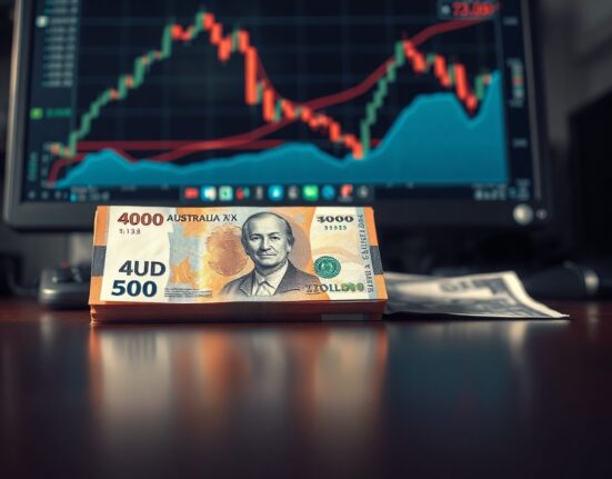 Australian Dollar and US Dollar banknotes on a desk with a forex chart in the background