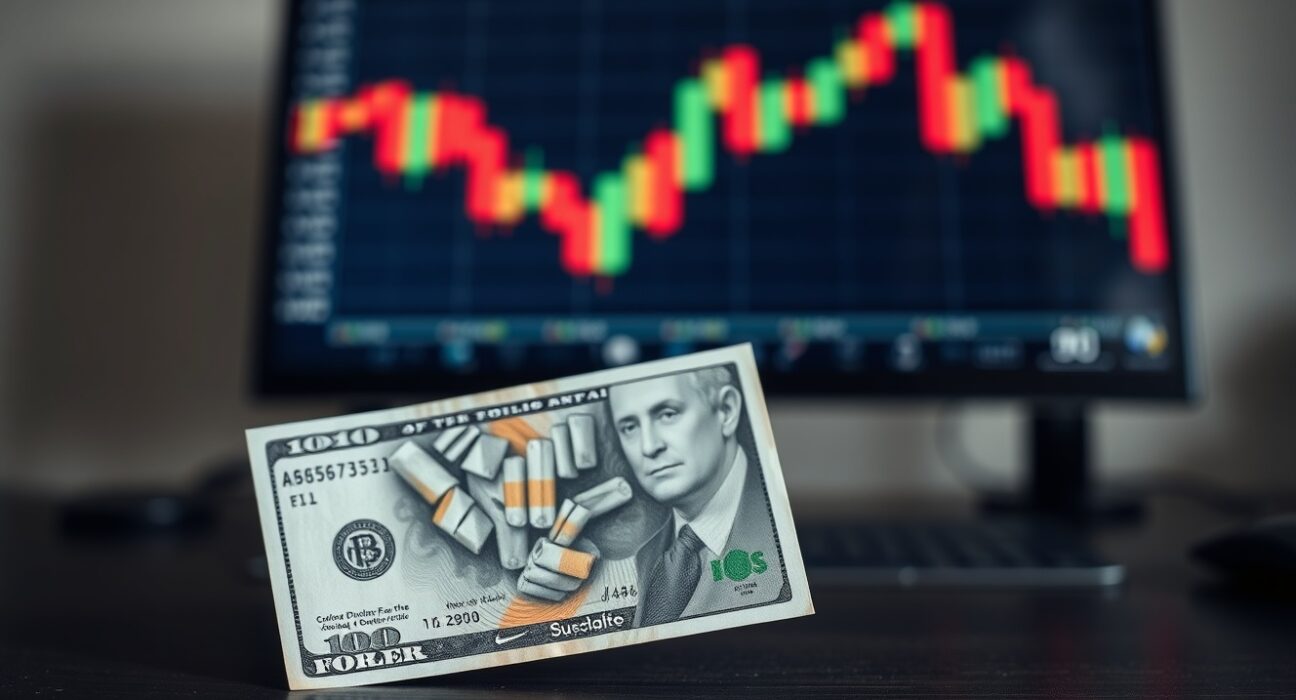 Close-up of Australian and US dollar banknotes on a desk with a forex chart in the blurred background