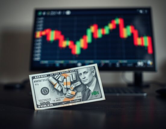 Close-up of Australian and US dollar banknotes on a desk with a forex chart in the blurred background