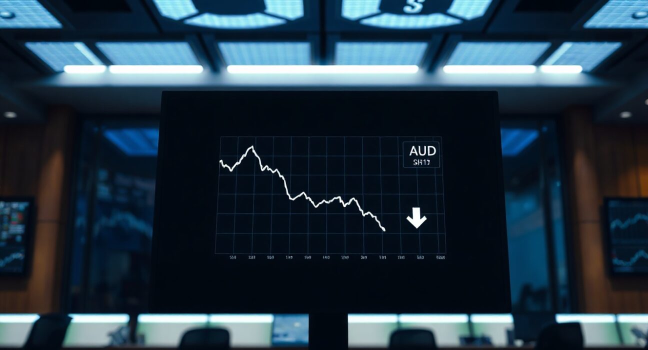 Financial chart showing declining Australian dollar speculative positions on a trading desk monitor