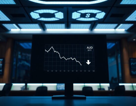 Financial chart showing declining Australian dollar speculative positions on a trading desk monitor