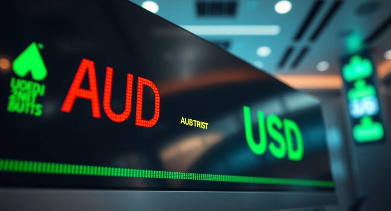 AUD/USD exchange rate displayed on a trading screen in a financial news setting.