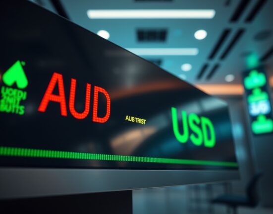 AUD/USD exchange rate displayed on a trading screen in a financial news setting.