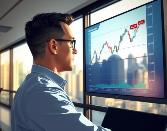 Financial analyst monitoring the Australian Dollar AUD/USD chart with the nine-day EMA barrier highlighted.