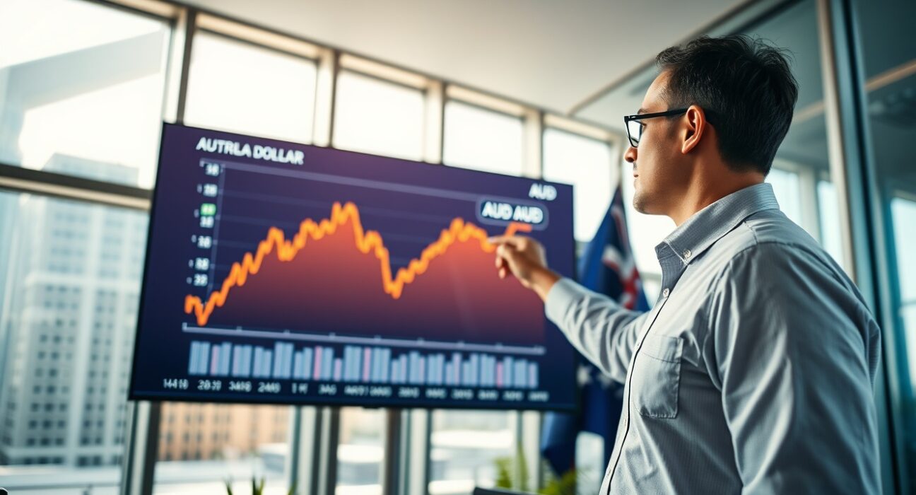 Analyst pointing at Australian Dollar and oil price charts on a digital screen in a modern office