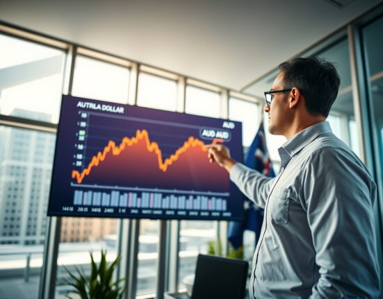 Analyst pointing at Australian Dollar and oil price charts on a digital screen in a modern office