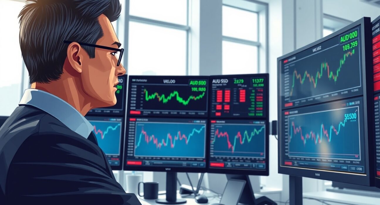 Financial analyst examines Australian Dollar charts and economic data for 2025 currency outlook