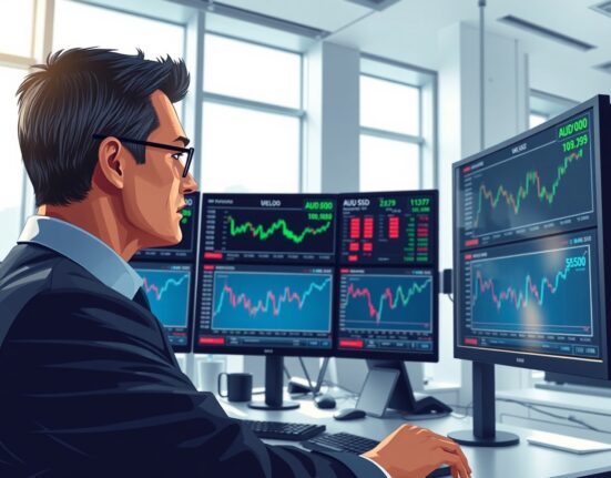 Financial analyst examines Australian Dollar charts and economic data for 2025 currency outlook