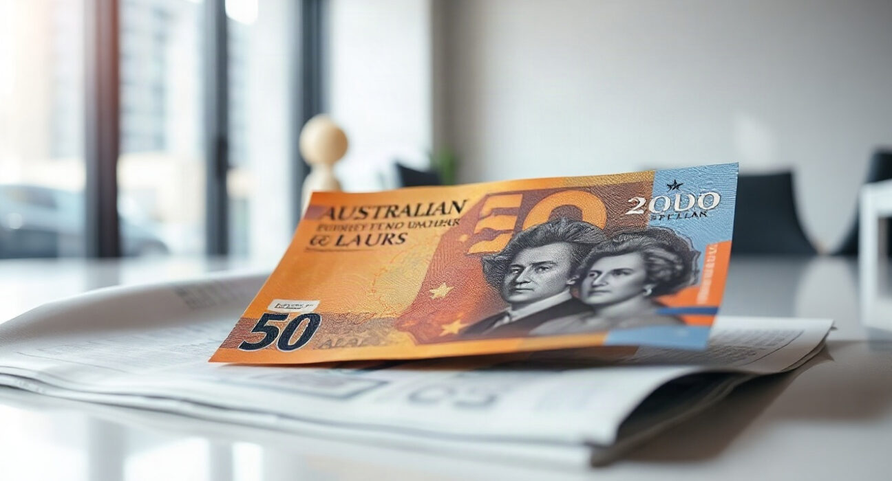 Australian Dollar banknotes with financial charts in background, representing currency market analysis.
