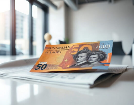 Australian Dollar banknotes with financial charts in background, representing currency market analysis.