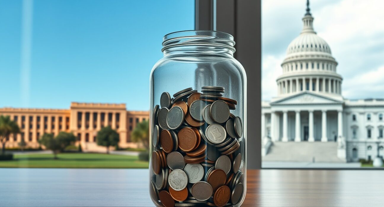 Composite image of Australian and U.S. capitol buildings with a jar of coins in foreground, representing currency valuation factors.