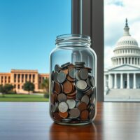 Composite image of Australian and U.S. capitol buildings with a jar of coins in foreground, representing currency valuation factors.