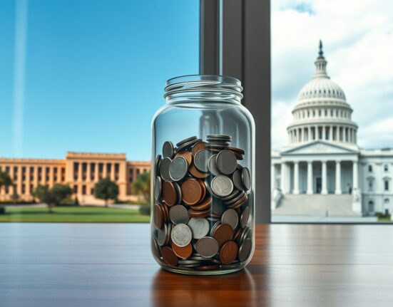 Composite image of Australian and U.S. capitol buildings with a jar of coins in foreground, representing currency valuation factors.