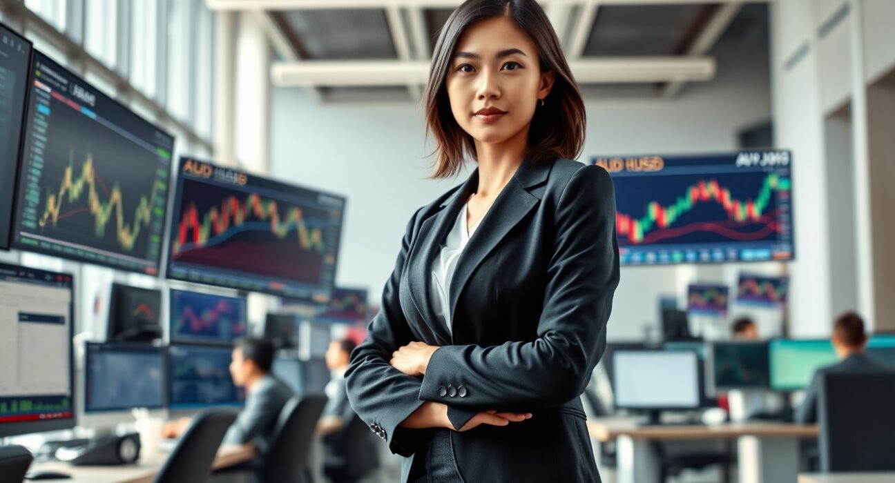 Trader analyzing Australian Dollar performance on forex charts during risk-on market conditions