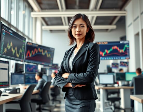 Trader analyzing Australian Dollar performance on forex charts during risk-on market conditions