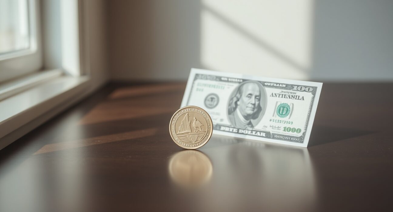 Australian Dollar coin and US Dollar bill on a wooden surface representing forex market analysis