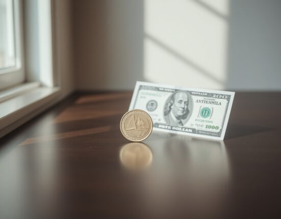 Australian Dollar coin and US Dollar bill on a wooden surface representing forex market analysis