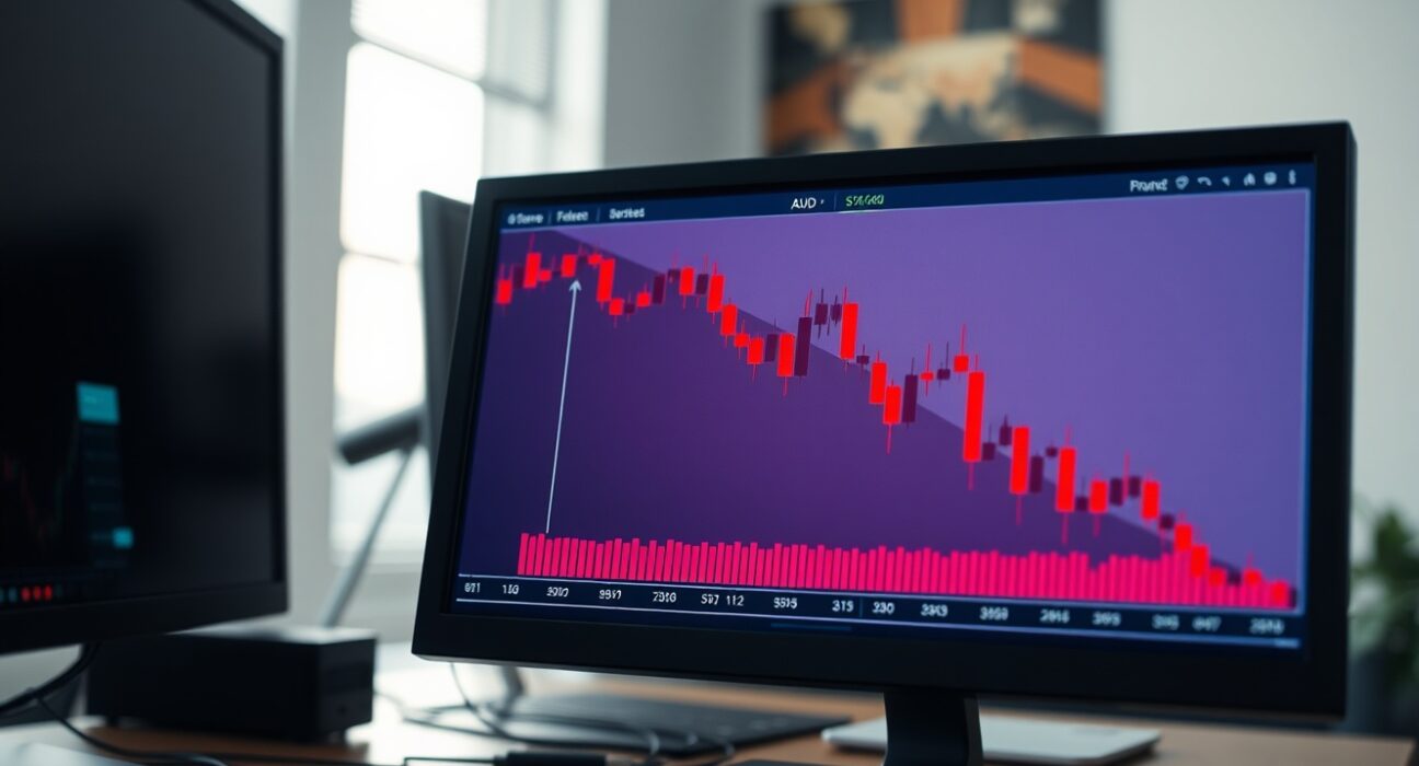 Australian Dollar AUD/USD chart falling sharply on trading screen due to US-Iran geopolitical news.