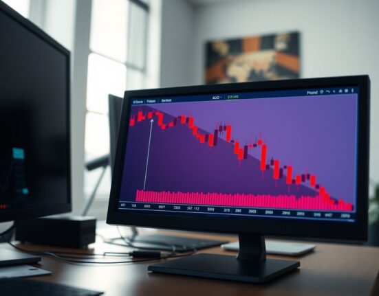 Australian Dollar AUD/USD chart falling sharply on trading screen due to US-Iran geopolitical news.