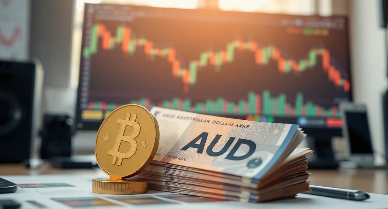 Australian Dollar banknotes and forex charts on a desk