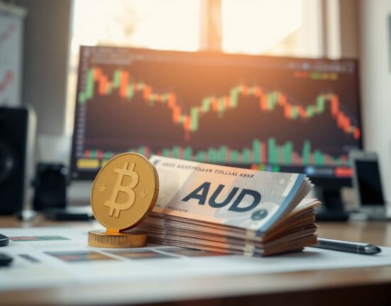 Australian Dollar banknotes and forex charts on a desk