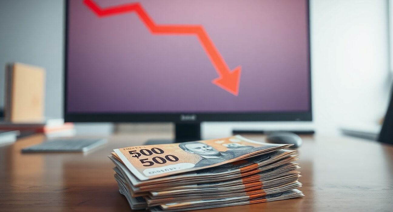 Australian Dollar banknotes on a desk with a computer screen showing a falling inflation chart