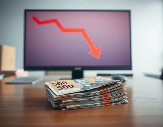 Australian Dollar banknotes on a desk with a computer screen showing a falling inflation chart